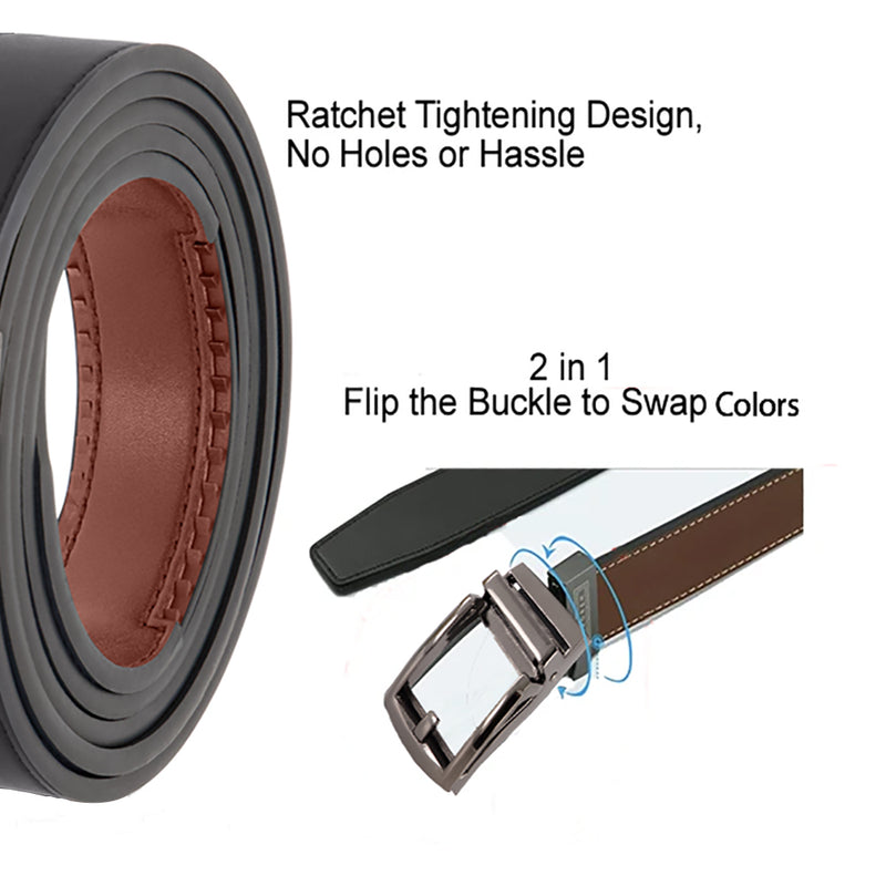 Patented Reversible Ratchet Belt - 2 Colors - (2 Pack!) 2 Pack: Black/Grey Strap with Silver Buckle and Black/Navy Strap with Black Buckle| Mens Belts